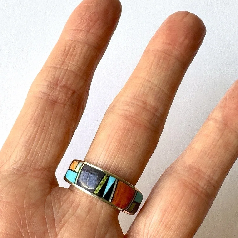 Navajo Inlay Turquoise Opal Multi Wedding Band Ring Sz 11 9mm Mens Signed‎ AT